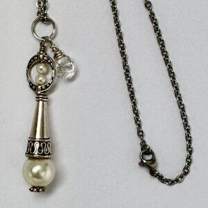 Necklace handmade silvertone carved cone centerpiece pearls clear crystals OOAK